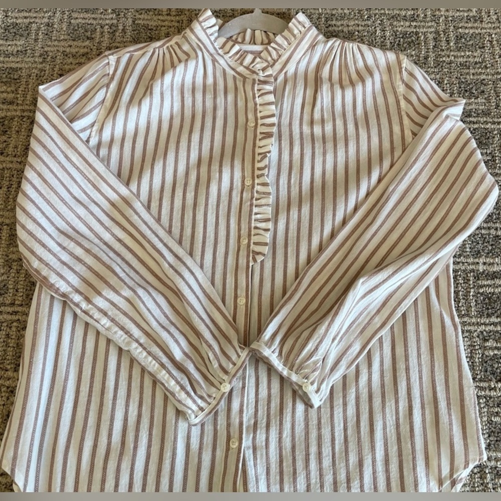 Trovata Cream and Brown Striped Ruffle Button-Down Shirt